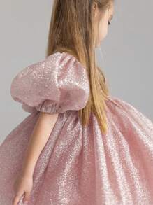 女孩优雅亮片泡泡袖蝴蝶结露背深 V 礼服，公主礼服适合儿童生日礼物、派对、宴会、婚礼花童、节日庆典 - 淺粉色 - 查看 4