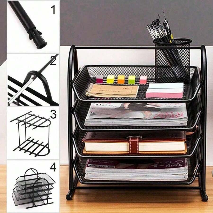 Youyijia Mesh Desk Organiser 4 Tier Letter Tray Stackable Mesh File Holder Office A4 Filing Desktop Document Storage For Home Office (Black)