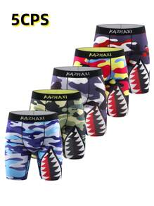 5pcs/Pack Men's Camo Shark Teeth Digital Print Boxer Briefs - Multicolor - View 2