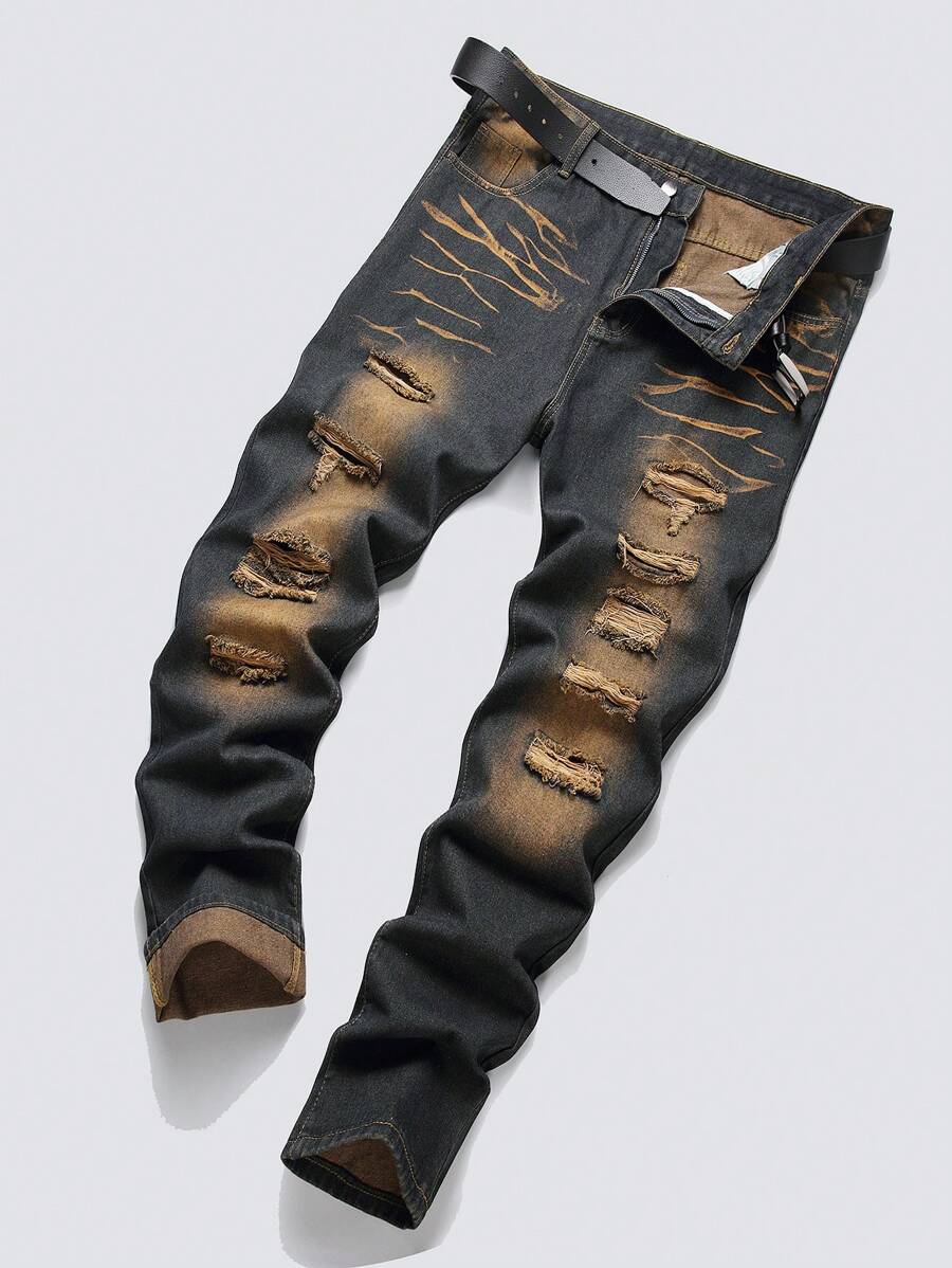 Men's Slim Fit Straight Leg Distressed Jeans, Casual Everyday Fashion, Emo Style