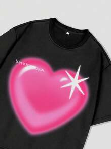 欧美高街复古洗水心形短款T恤夏季短袖宽松男女打底衫 - 黑色 - 查看 2