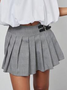 Pantalón de falda plisada con diseño de hebilla, moda casual para mujer en primavera y verano - Gris - Ver 2