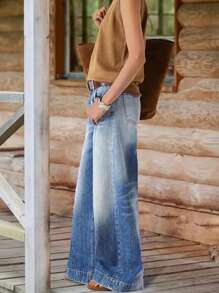 Vaqueros casuales de cintura alta y pierna ancha en estilo retro para mujeres