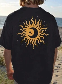 男士夏季太阳和月亮印花圆领短袖休闲T恤 - 黑色 - 查看 1
