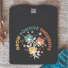 Plant Pattern Women's Single Side Printed Short Sleeve T-Shirt Round Neck Summer Fashion Solid Basic T-Shirt Tops Casual Summer Shirts - Black - View 2