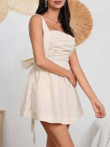 Women Sleeveless Tank Dress Ruched Big Bow Backless Square Neck Low Cut Summer Short Dresses - Beige - View 3
