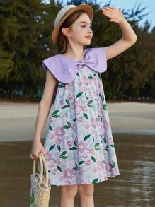 ASK JUNIOR Tween Girls[Flowers]女童连衣裙夏季儿童裙子透气时尚蝴蝶结领公主裙 - 紫色 - 查看 6