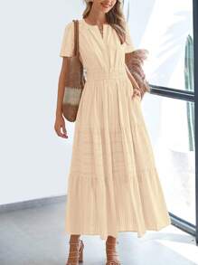 Womens Summer Maxi Dresses Short Sleeve High Waist Tiered Flowy A-Line Boho Bohemian Beach Long Dress Holiday Vacation Beach Valentine Long Dress Outfit - Màu be - Xem 1