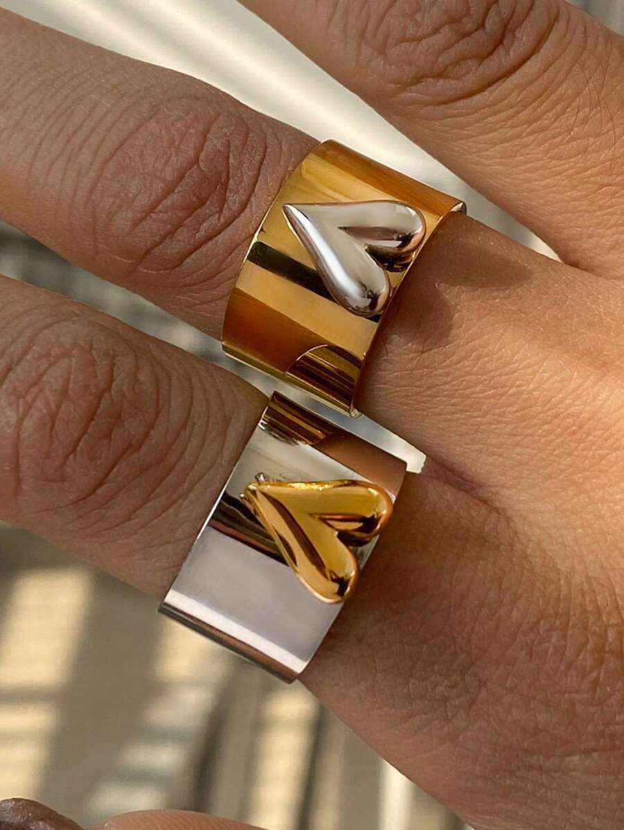 Minimalism Gold And Silver Color Large Heart Cocktail Ring Adjustable Y2k Heart Cuff Ring In Two-Tone Mixed Metals Jewelry - Gold - View 1
