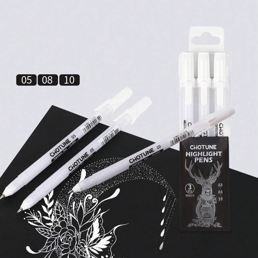 3 Stücke Gelly Roll Gel-Stifte Weiß Hervorhebungsmarker für Journaling Kunst Zeichnen klassische weiße Tinte sortiert Spitze fein mittel breit