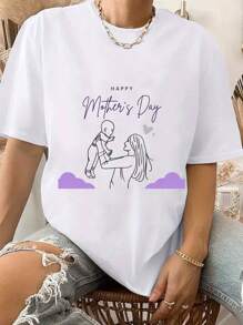 Mother's Day T-Shirts - Cartoon Cute Classic Heart Crew Neck Printed Short Sleeve, Heart, Letter And "Happy Mother's Day" Letter Pattern Print, Regular Length, Spring/Summer/Fall Fashion Top, Women's Tees For Daily Wear - White - View 1
