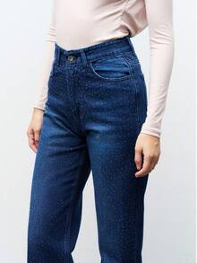 Vaqueros rectos de mujer de mezclilla desgastada para atuendos de oficina - Azul - Ver 3