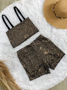 Women's Sequin Shorts Set With Pockets, Cropped Top And Straps For Bloggers - Gold - View 1