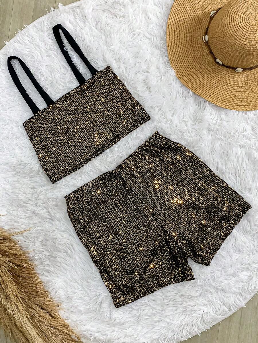 Women's Sequin Shorts Set With Pockets, Cropped Top And Straps For Bloggers - Gold - View 1