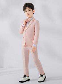 Conjunto de traje a cuadros para niño pequeño de 3 piezas: chaqueta, pantalones y pajarita, adecuado para eventos formales, bodas, actuaciones, uniformes escolares, cumpleaños, Navidad - Rosa - Ver 6