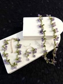 Juego de joyas artesanales con piedras naturales con diseño floral - Incluyendo pendientes, pulsera y collar para mujeres - Pendientes pulsera collar con piedras de color arándano - Ver 29