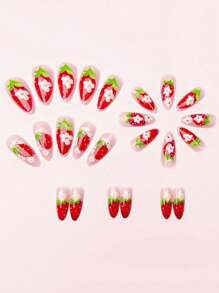 24 件杏仁形可爱草莓优雅水果指甲，可拆卸，春夏按压指甲 - 紅色 - 查看 3