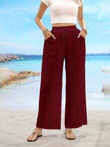 Pantalones rectos informales de cintura de cordón, bolsillo sesgado y unicolor - Burdeos - Ver 3