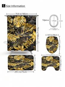 1pc/4pcs Tropical Green With Gold Edges Plant Banana Leaf Bathroom Set, Waterproof Shower Curtain With 12 Hooks, Bath Mat, Toilet U-Shaped Pad, Toilet Lid Cover, Bathroom Divider, Bathroom Accessories, Bathroom Decor