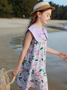 ASK JUNIOR Tween Girls[Flowers]女童连衣裙夏季儿童裙子透气时尚蝴蝶结领公主裙 - 紫色 - 查看 9