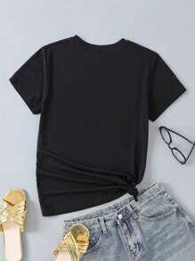 NewSummerCasual Women's Loose Casual Crew Neck T-Shirt With Mom And Heart Graphic Print - Vintage Street Style Unisex Loose Cotton Short Sleeve Crew Neck T-Shirt - 黑色 - 查看 2