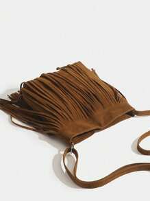 适合14岁及以上女孩的复古流苏单肩包/斜挎包：轻便、大容量、可调节肩带、时尚户外包 - 棕色 - 查看 7