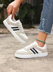 New Fashion Color Block Flat Platform Sneakers, Comfortable Breathable Lace-Up Casual Sport Shoes For Women