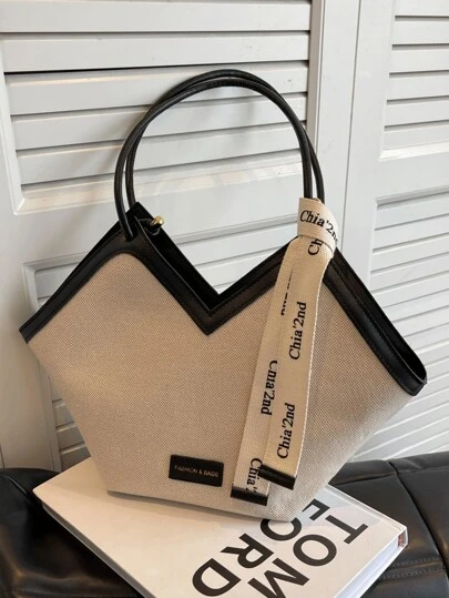 New Fashion Versatile Color Block Design, Grooved Design, Large Capacity Dual Handle Shoulder Tote Bag, Suitable For Travel, Shopping, Commuting, Decorated With Scarf Pattern, Elegant Women's Wallet, Business Commuter Wallet