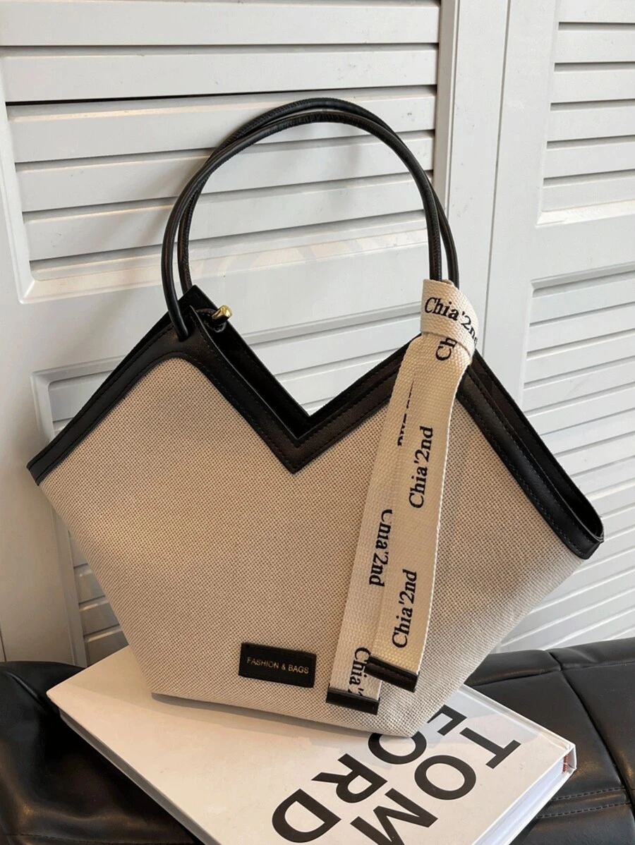 新款时尚百搭撞色设计，凹槽纹理，大容量双提手单肩手提包，适合旅行、购物、通勤，饰以丝巾图案，优雅女士钱包，商务通勤钱包