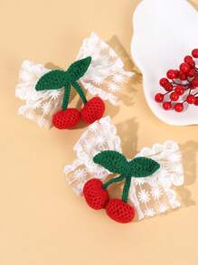 2pcs Cute Cherry Hair Bows For Kids White Lace Bow Alligator Clips Crochet Cherry Girls Hiar Clips Adorable Girls Pigtail Bows Barrettes Kids Hair Accessories