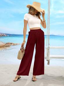 Pantalones rectos informales de cintura de cordón, bolsillo sesgado y unicolor - Burdeos - Ver 5