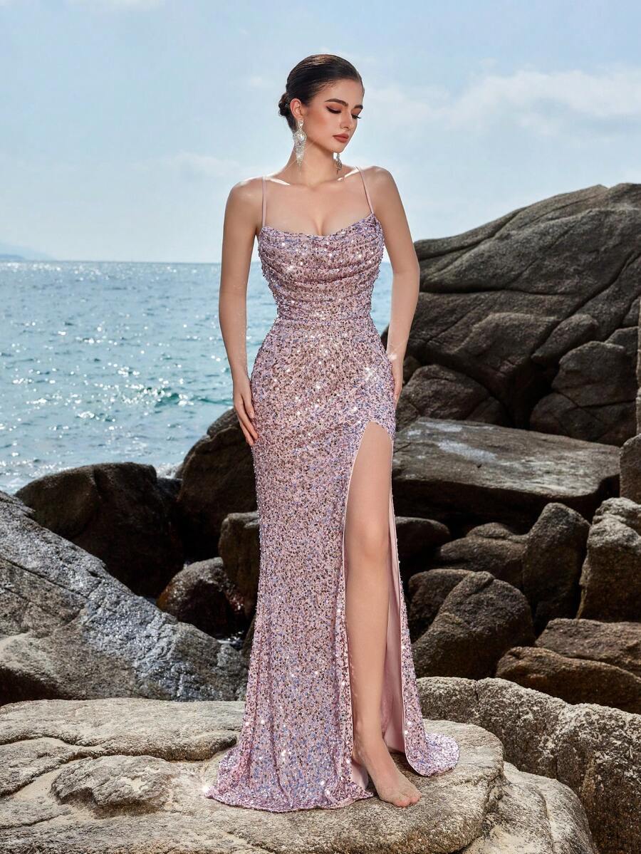 ADYCE Sequined Spaghetti Strap High Waist Front Slit Open Back Tie Strap Party Dress, Wedding Guest Dress, Formal Dress, Evening Dress - Dusty Pink - View 1