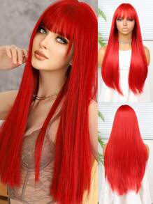 24 英寸红色直发带刘海合成纤维耐热假发全机器制造，适合日常聚会，高品质女士天然美丽合成柔软假纤维头发 - 紅色 - 查看 1