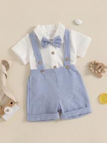 Baby Boy Gentleman Outfit Solid Color Short Sleeve Lapel Neck Romper With Stripe Suspender Shorts And Bowtie - 藍色 - 查看 2