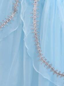 年轻女孩荷叶边泡泡袖优雅欧根纱公主裙，适合角色扮演和派对 - 藍色 - 查看 6