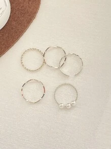 5 件/套女士时尚珍珠首饰波浪戒指，情人节优雅戒指，适合情侣、好友、日常佩戴