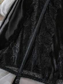 Vestido lencero con parches de encaje sexy sin tirantes para salir - Negro - Ver 7