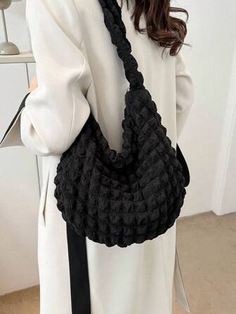 褶皱大容量单肩包，韩版风格，百搭云朵印花休闲斜挎手提包