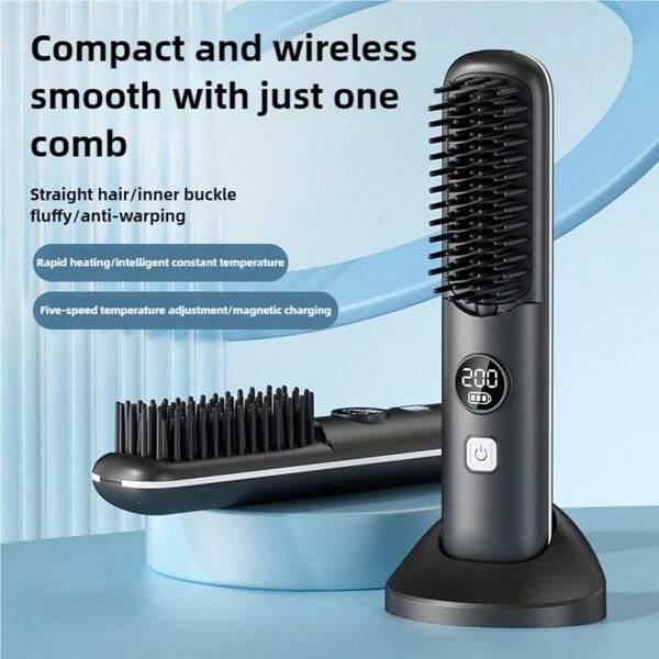 Portable Wireless Hair Straightening Brush, Ceramic Heating, Mini Flat Iron For Straight & Smooth Hair, With LCD Display, USB Rechargeable Long Endurance, For Home, Travel, Dorm, Outdoor Camping.