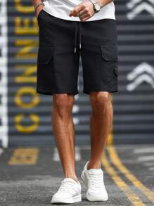 Men's Casual Cargo Shorts - Stylish Streetwear, Solid Color, Side Pocket And Adjustable Drawstring Belt, Polyester, Machine Washer, Loose Fitting Shorts | Sporty Look Shorts | Woven Shorts