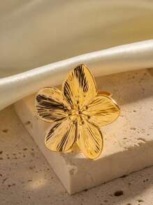 Elegant Big Bloom Flower Stainless Steel Ring, Conch Starfish Adjustable Open Rings For Women, 18K Gold-Plated Wedding Jewelry Aesthetic Beach Vacation Daily Wear Accessories Gifts - Stainless Steel - View 5