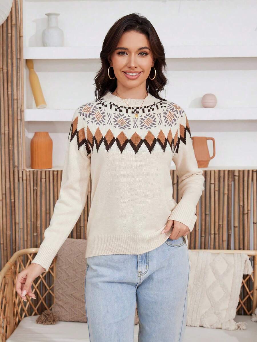 VIBEWAVE 女士菱形格休闲打底衫撞色款，穿毛衣出Fel Island - 米色 - 查看 1