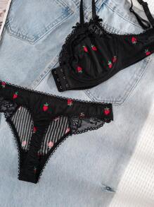 1set Women Solid Color & Strawberry Print Lace Front Closure Comfortable Lingerie Bra And Panty Set - Black - View 6
