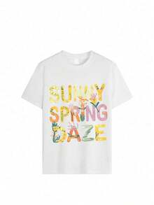 Color Letter Printing Graphic Tees Spring Flowers And Grass Women Oversized T Shirts Summer Tshirts - White - View 2