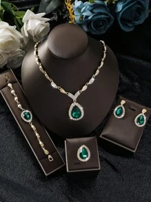 5pcs/Set Luxurious & Exaggerated Gold-Tone Rhinestone Studded Leaf Design Necklace, Earrings, Ring, Bracelet Set For Women's Wedding Party