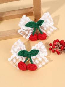 2pcs Cute Cherry Hair Bows For Kids White Lace Bow Alligator Clips Crochet Cherry Girls Hiar Clips Adorable Girls Pigtail Bows Barrettes Kids Hair Accessories