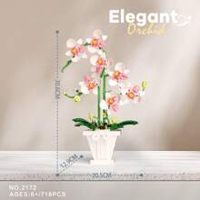 DIY Orchid Building Blocks, Elegant Orchid Decor, White Vase, Flower Color Assembly, Construction Building Toy, Potted Flower Bouquet Indoor Decoration, Small Particle Model