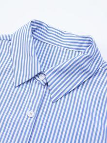 女士条纹灯笼袖休闲衬衫，舒适日常穿着，适合户外散步、毕业季、独立日 - 藍色 - 查看 7