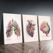 3 件现代艺术帆布墙饰套装 - 带花卉装饰的解剖心脏、大脑和肺，帆布水彩画，适用于客厅、卧室、家庭办公室 - 帆布画（带框）礼物生日毕业 - 多色 - 查看 1