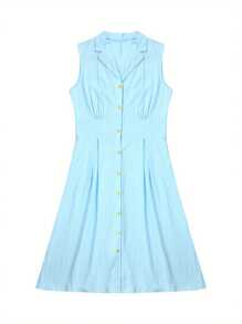 Women Long Dress, Sleeveless Turn-Down Collar Button-Down Casual Party Summer A-Line Dress - Light Blue - View 1